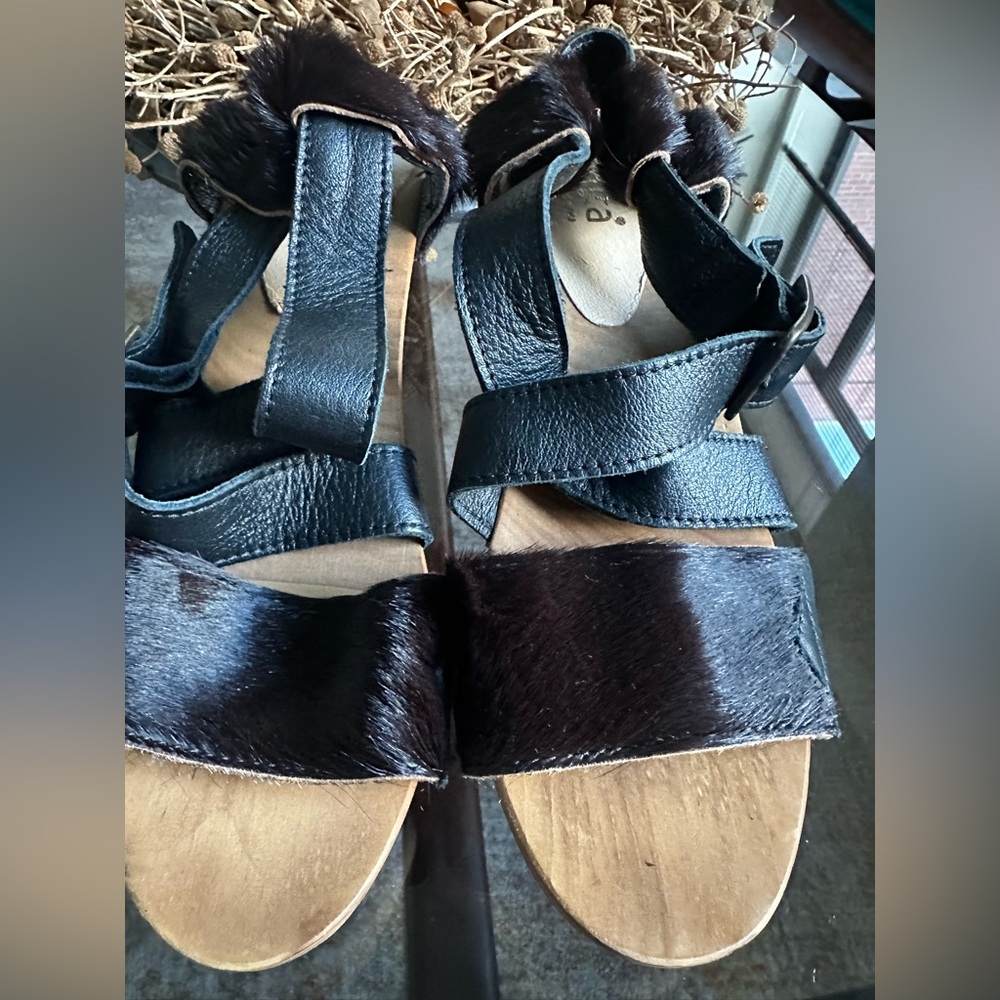 Sanita Swedish Hasbeens style Black Leather Faux Fur Sandals Clogs Heels 39